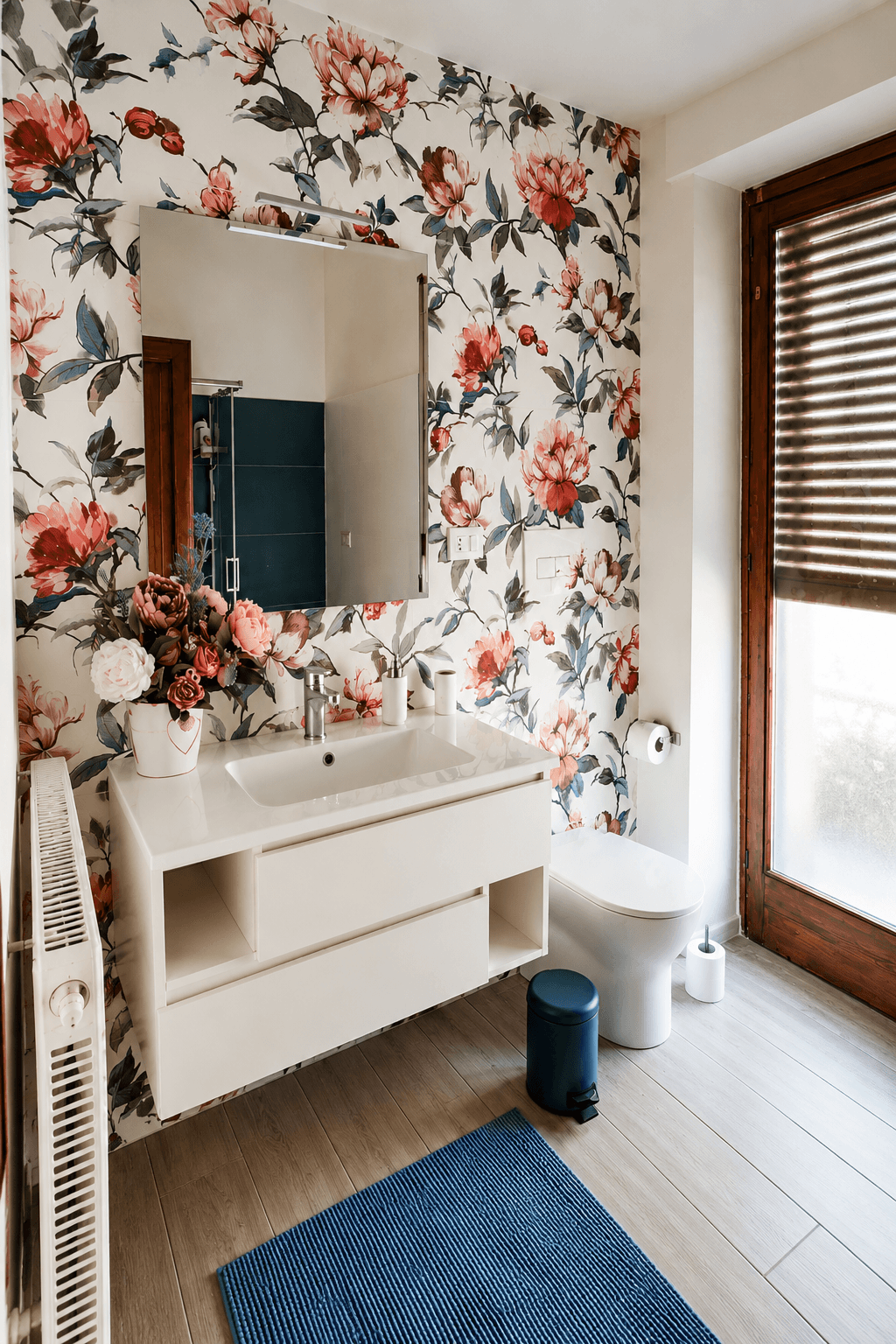 Bagno con carta da parati floreale